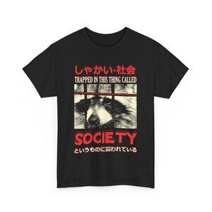 Trapped in Society Raccoon Graphic T-Shirt – Japanese Text Streetwear Tee